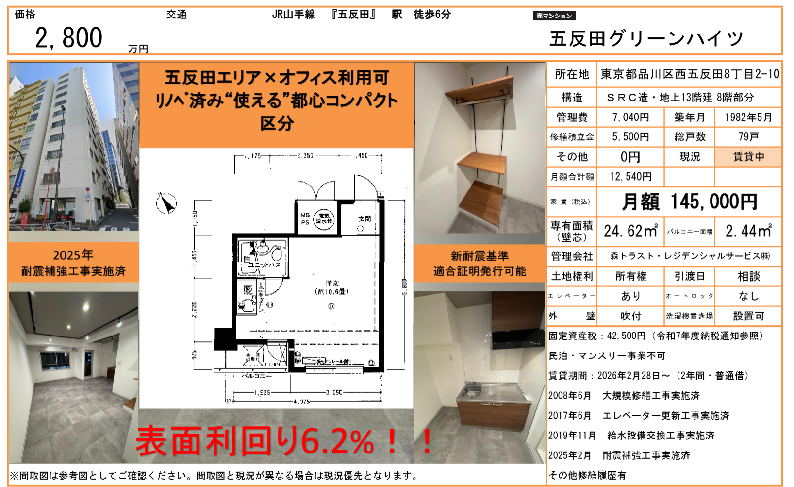 五反田駅6分・利回6.2%！品川區賃貸中投資物件 2800萬円